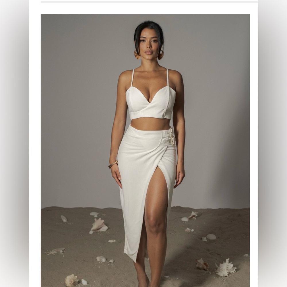 JLUXLABEL Cream Wrap Too and Midi Skirt with High Slit